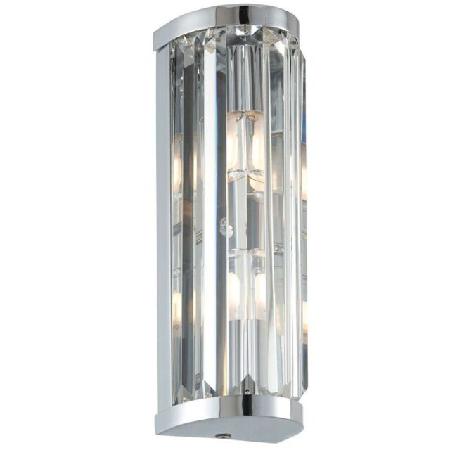 Loops IP44 Bathroom Wall Light Chrome & Crystal Round Glass Modern Slotted Jewel Lamp in Clear - image 1