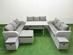 Fimous PE Rattan Lounge Sofa Set 12 Seater Outdoor Garden Furniture Set with Rectangular Dining Table 3 Seater Sofa 3 Stools Light Grey - thumbnail 1