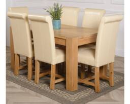 Thats Furniture Kuba 150 x 85 cm Medium Oak Dining Table & 6 Washington Leather Chairs in Cream