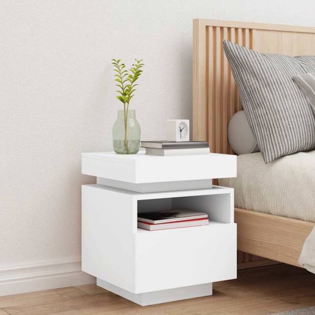Berkfield Home Decorative Bedside Cabinet with LED Lights White 40x39x48.5 cm - image 1