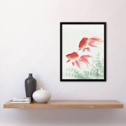"Artery8 Two Veiltail Goldfish in Pond Vintage Japan Framed Wall Art Print Koson in Pink - Size: W12"" x H16""" - thumbnail 4