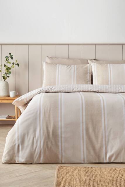 Catherine Lansfield 'Banded Stripe' Reversible Duvet Cover Set in Natural - Size: Double - image 1