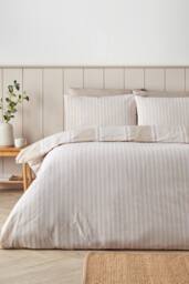 Catherine Lansfield 'Banded Stripe' Reversible Duvet Cover Set in Natural - Size: Double - thumbnail 2