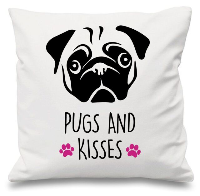 "60 SECOND MAKEOVER Pugs & Kisses White Cushion Cover 16"" x 16"" Mum Friend Gift Pet Dog Pug - Size: 40 cm x 40 cm"