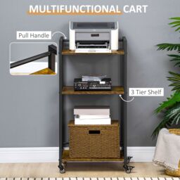 HOMCOM 3-Tier Printer Stand Rolling Trolley with Adjustable Shelves in Brown - thumbnail 4