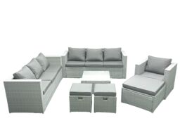 Fimous Wicker PE Rattan Sofa Garden Furniture Set with Armchair Square Coffee Table 3 Footstools Light Grey Mixed - thumbnail 2
