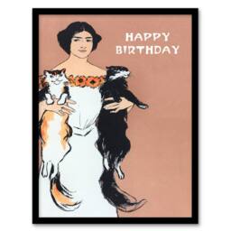 Artery8 Edward Penfield Framed Wall Art Print Woman Holding Two Cats Drawing in Pink - Size: A4 - thumbnail 1