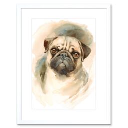 "Artery8 Wall Art Print Dog Pug Watercolour Art Framed 9x7 inch in White - Size: W7"" x H9""" - thumbnail 1