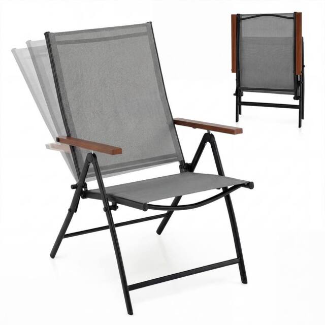 Costway 2PCS Folding Patio Chairs Garden Dining Chairs w/5-Position Backrests in Grey - image 1