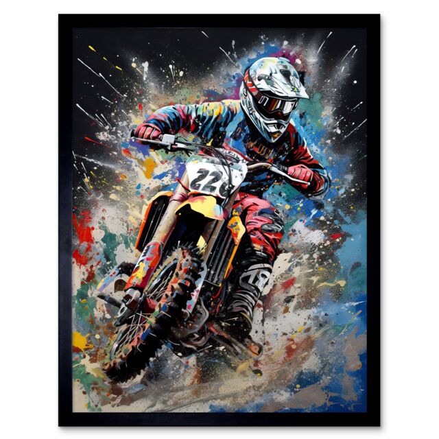 "Artery8 Wall Art Print Motocross Race Action Shot Extreme Sport Painting Art Framed in Black - Size: W12"" x H16""" - image 1