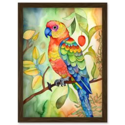 Artery8 Parrot Bird On Tree Branch Folk Art Watercolour Painting Artwork Framed Wall Art Print A4 in Brown - thumbnail 1