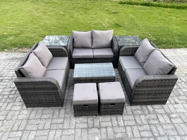 Fimous Wicker PE Rattan Garden Furniture Set 8 Seater Outdoor Lounge Sofa Set with Love Sofa Coffee Table 2 Side Tables 2 Small Footstools - image 1
