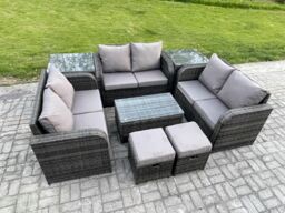 Fimous Wicker PE Rattan Garden Furniture Set 8 Seater Outdoor Lounge Sofa Set with Love Sofa Coffee Table 2 Side Tables 2 Small Footstools - thumbnail 2