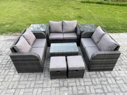 Fimous Wicker PE Rattan Garden Furniture Set 8 Seater Outdoor Lounge Sofa Set with Love Sofa Coffee Table 2 Side Tables 2 Small Footstools - thumbnail 1