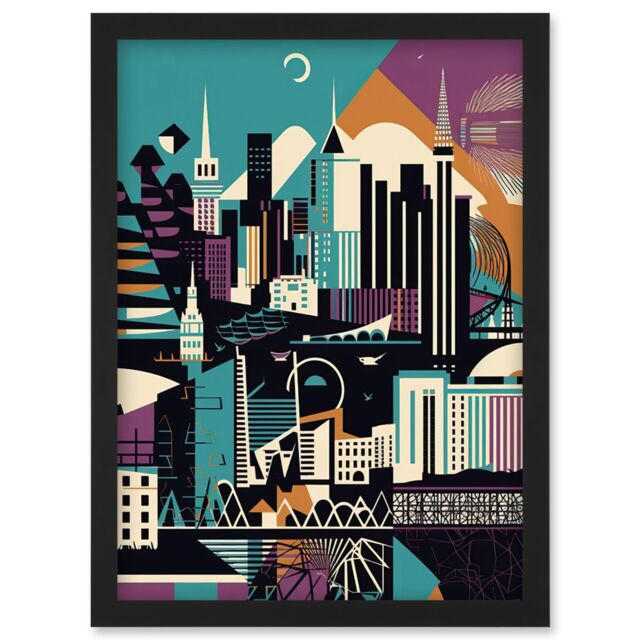 Artery8 Dundee City Modern Abstract Geometric Cityscape Artwork Framed Wall Art Print A4 in Black - image 1