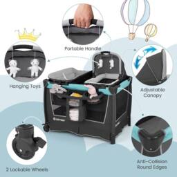 CASART 5-in-1 Foldable Travel Cot Baby Playard w/Bassinet & Changing Table - thumbnail 4
