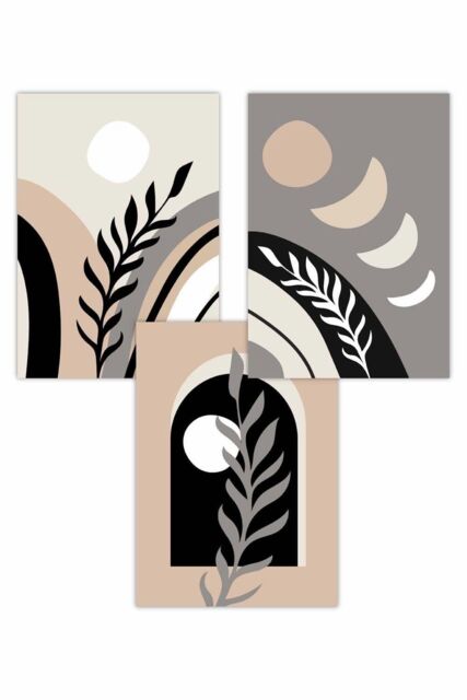 ARTZE Set of 3 Boho Abstract Botanical in Black Beige & Grey Art Posters - Size: W50 cm x H70 cm - image 1