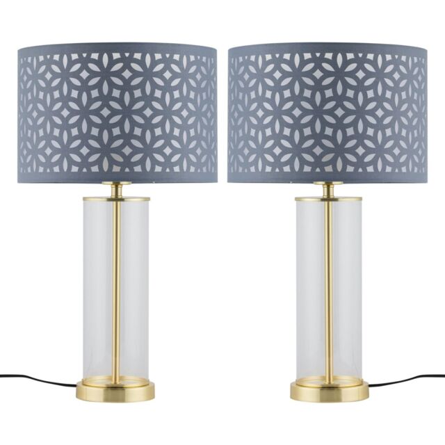 First Choice Lighting Set of 2 Aura - Satin Brass Lamps with Grey Cut Out Shades in Gold - image 1