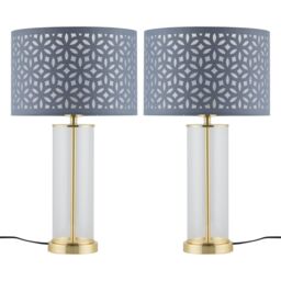 First Choice Lighting Set of 2 Aura - Satin Brass Lamps with Grey Cut Out Shades in Gold
