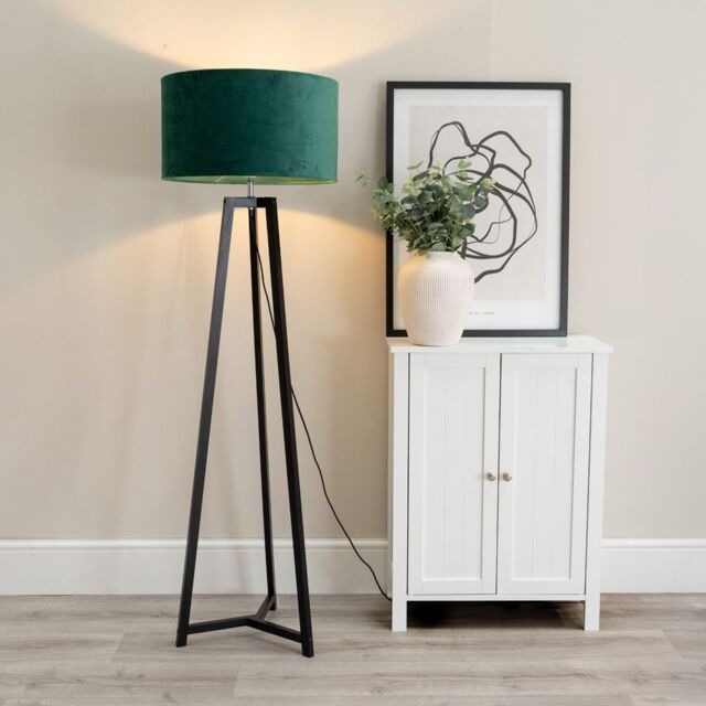 ValueLights Lottie Black Wood Tripod Floor Lamp with Velvet Drum Shade in Green - image 1