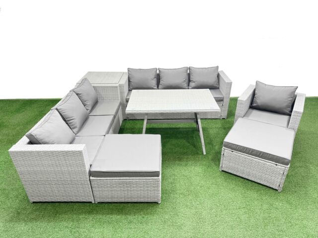 Fimous 9-seater Patio 3 Seater Sofa Armchair Set with Side Table 2 Big Stools in Light Grey - image 1