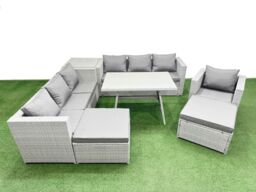 Fimous 9-seater Patio 3 Seater Sofa Armchair Set with Side Table 2 Big Stools in Light Grey - thumbnail 2