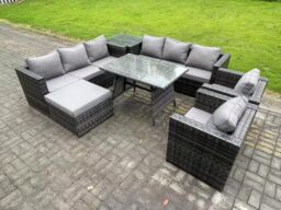 Fimous 9 Seater Wicker Rattan Outdoor Furniture Lounge Sofa Garden Dining Set with Dining Table 2 Armchairs in Dark Grey - thumbnail 2