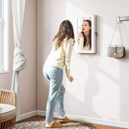 HOMCOM Jewelry Cabinet, Wall-Mounted Storage Cabinet with Mirror in White - thumbnail 1