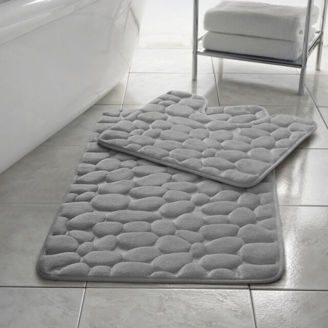 HomeSpace Direct Memory Foam Pebbles Bath Mat Set 2 Piece in Silver - image 1