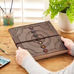 Paper High Indra Chakra Embossed Leather Album with Semi-Precious Stones in Brown - Size: Large