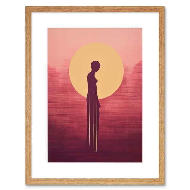 Artery8 Wall Art Print Sunrise Solitude Minimalist Artwork Plum Pink Gold African Woman Silhouette in Golden Sun Halo Artwork Framed 9X7 Inch - image 1