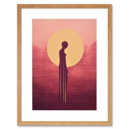 Artery8 Wall Art Print Sunrise Solitude Minimalist Artwork Plum Pink Gold African Woman Silhouette in Golden Sun Halo Artwork Framed 9X7 Inch - thumbnail 1