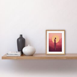 Artery8 Wall Art Print Sunrise Solitude Minimalist Artwork Plum Pink Gold African Woman Silhouette in Golden Sun Halo Artwork Framed 9X7 Inch - thumbnail 2