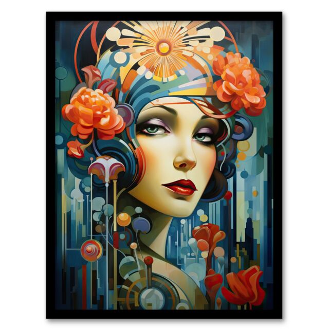 "Artery8 Wall Art Print Metropolis Art Deco Woman Portrait With Flowers Artwork Bold Bright Art Framed in Black - Size: W12"" x H16""" - image 1