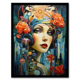 "Artery8 Wall Art Print Metropolis Art Deco Woman Portrait With Flowers Artwork Bold Bright Art Framed in Black - Size: W12"" x H16""" - thumbnail 1