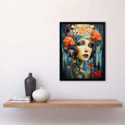 "Artery8 Wall Art Print Metropolis Art Deco Woman Portrait With Flowers Artwork Bold Bright Art Framed in Black - Size: W12"" x H16""" - thumbnail 4