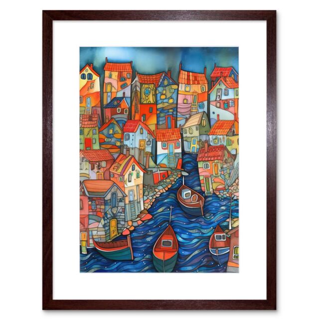 "Artery8 Wall Art Print Fishing Village Canal Folk Art Watercolour Painting Artwork Framed 9X7 Inch in Brown - Size: W7"" x H9""" - image 1