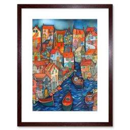 "Artery8 Wall Art Print Fishing Village Canal Folk Art Watercolour Painting Artwork Framed 9X7 Inch in Brown - Size: W7"" x H9""" - thumbnail 1