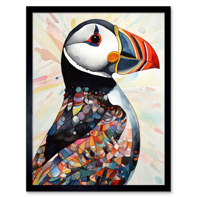 "Artery8 Wall Art Print Multicolour Pattern Feather Puffin Bird Folk Art Framed - Size: W12"" x H16""" - image 1