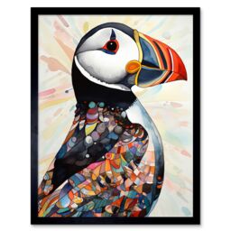 "Artery8 Wall Art Print Multicolour Pattern Feather Puffin Bird Folk Art Framed - Size: W12"" x H16""" - thumbnail 1