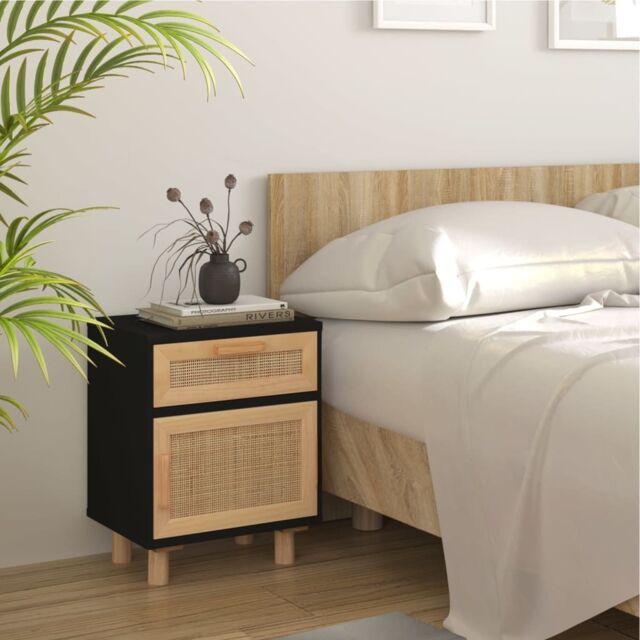 Berkfield Home Bedside Cabinet Black Solid Wood Pine & Natural Rattan - image 1