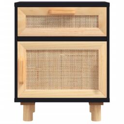 Berkfield Home Bedside Cabinet Black Solid Wood Pine & Natural Rattan - thumbnail 4