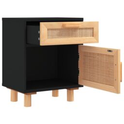 Berkfield Home Bedside Cabinet Black Solid Wood Pine & Natural Rattan - thumbnail 5