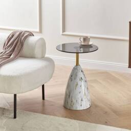 Wyld and Coco Compact Round Side Table Marble Effect Base Gold Accent Tempered in White