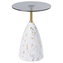 Wyld and Coco Compact Round Side Table Marble Effect Base Gold Accent Tempered in White - thumbnail 2