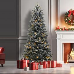 mysmartbuy Pop-Up Pre-Lit Frosted Pine Christmas Tree with Warm White LEDs & Timer in Green - Size: 7ft - thumbnail 2