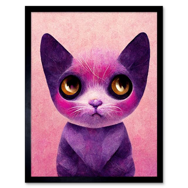 "Artery8 Wall Art Print Cute Kawaii Cat Portrait Pink & Purple Kids Art Framed in Black - Size: W12"" x H16""" - image 1
