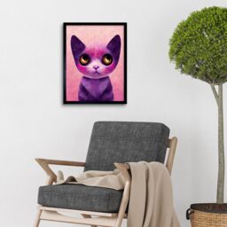 "Artery8 Wall Art Print Cute Kawaii Cat Portrait Pink & Purple Kids Art Framed in Black - Size: W12"" x H16""" - thumbnail 2