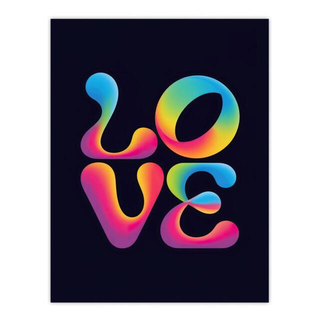"Artery8 Love Funky Retro Colourful Neon Typography Wall Art Print in Black - Size: W12"" x H16""" - image 1
