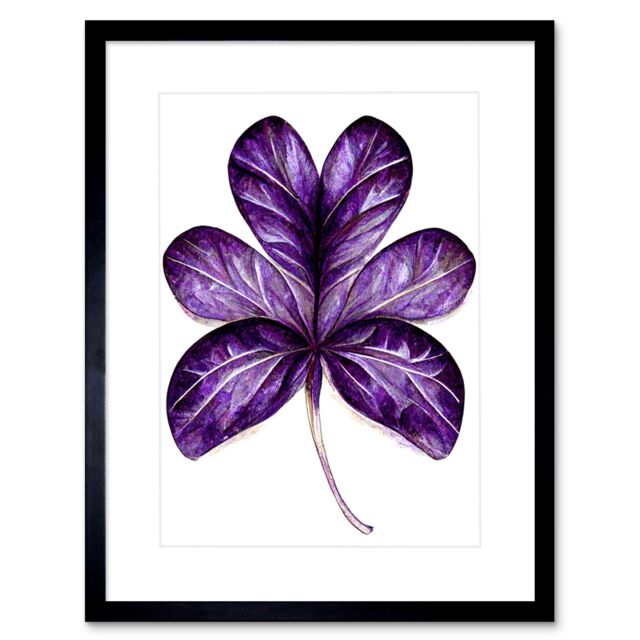 "Artery8 Wall Art Print Purple on White Six Clover Modern Simple Leaf Artwork Framed 9X7 Inch in Black - Size: W7"" x H9""" - image 1